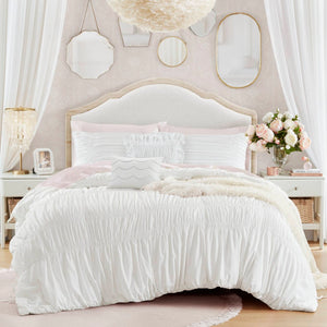 English Elm 5 Piece Shabby Chic Ruched Microfiber Comforter Set French Country Bedroom Softness White B035P529052