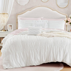 English Elm 5 Piece Shabby Chic Ruched Microfiber Comforter Set French Country Bedroom Softness White B035P529052