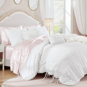 English Elm 5 Piece Shabby Chic Ruched Microfiber Comforter Set French Country Bedroom Softness White B035P529052