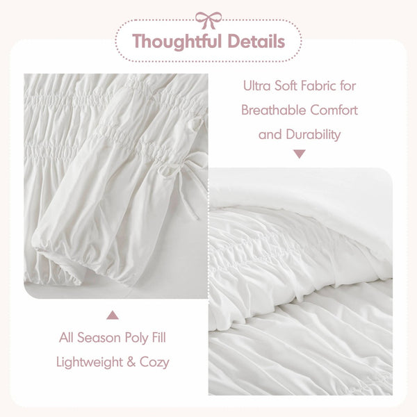 English Elm 5 Piece Shabby Chic Ruched Microfiber Comforter Set French Country Bedroom Softness White B035P529052