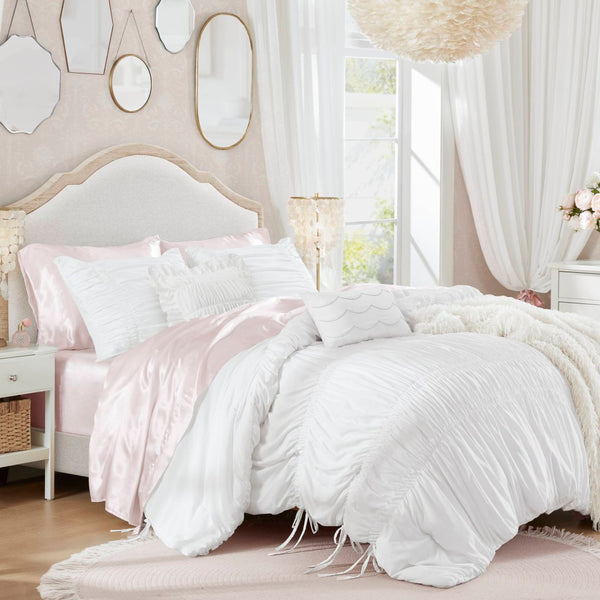 English Elm 5 Piece Shabby Chic Ruched Microfiber Comforter Set French Country Bedroom Softness White B035P529052