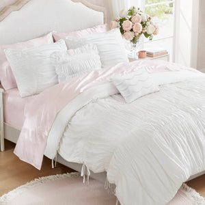 English Elm 5 Piece Shabby Chic Ruched Microfiber Comforter Set French Country Bedroom Softness White B035P529052