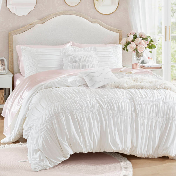 English Elm 5 Piece Shabby Chic Ruched Microfiber Comforter Set French Country Bedroom Softness White B035P529052