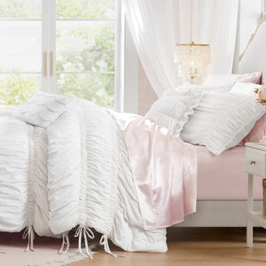 English Elm 5 Piece Shabby Chic Ruched Microfiber Comforter Set French Country Bedroom Softness White B035P529052