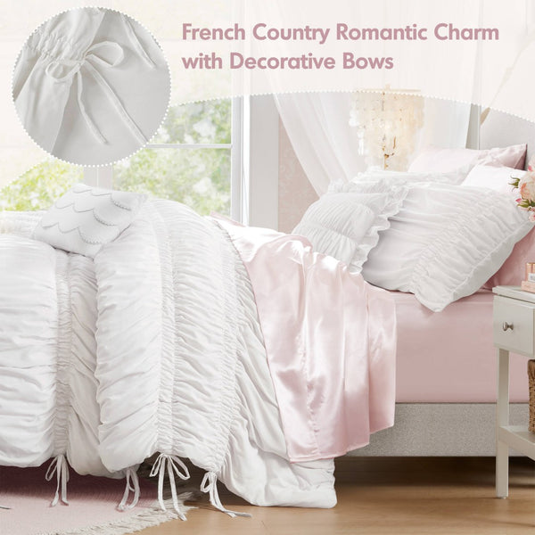 English Elm 5 Piece Shabby Chic Ruched Microfiber Comforter Set French Country Bedroom Softness White B035P529052