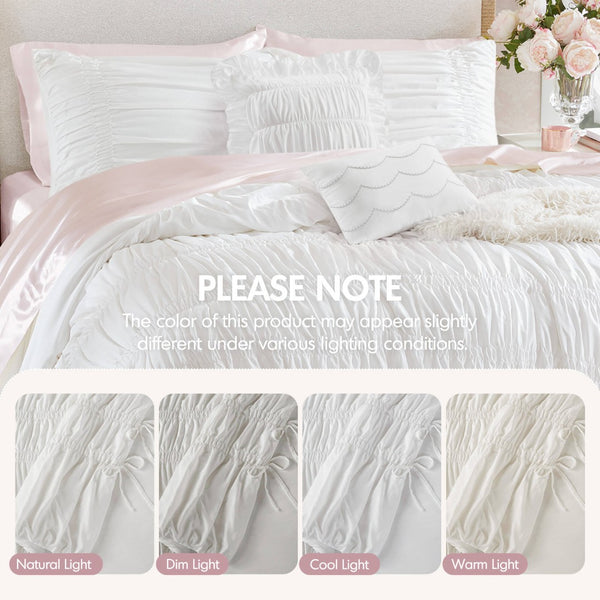 English Elm 5 Piece Shabby Chic Ruched Microfiber Comforter Set French Country Bedroom Softness White B035P529052