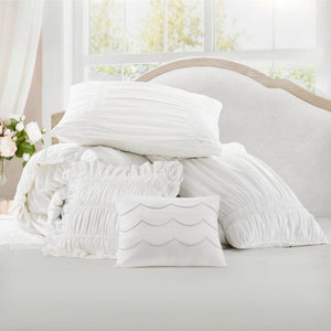 English Elm 5 Piece Shabby Chic Ruched Microfiber Comforter Set French Country Bedroom Softness White B035P529052