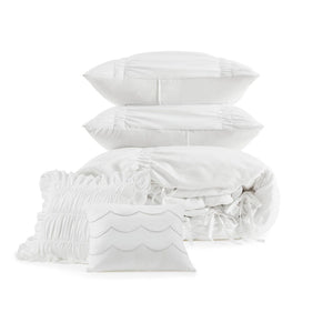English Elm 5 Piece Shabby Chic Ruched Microfiber Comforter Set French Country Bedroom Softness White B035P529052