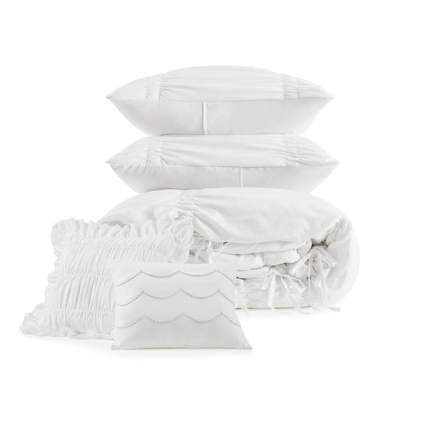 English Elm 5 Piece Shabby Chic Ruched Microfiber Comforter Set French Country Bedroom Softness White B035P529052