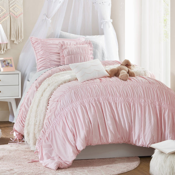 English Elm 4 Piece Ruched Microfiber Comforter Set French Country Shabby Chic Bow Tie Bedding Pink B035P529053