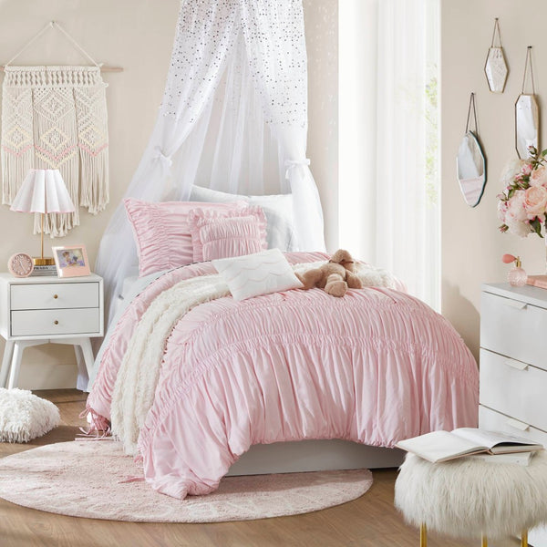 English Elm 4 Piece Ruched Microfiber Comforter Set French Country Shabby Chic Bow Tie Bedding Pink B035P529053