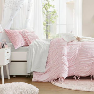 English Elm 4 Piece Ruched Microfiber Comforter Set French Country Shabby Chic Bow Tie Bedding Pink B035P529053