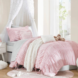 English Elm 4 Piece Ruched Microfiber Comforter Set French Country Shabby Chic Bow Tie Bedding Pink B035P529053