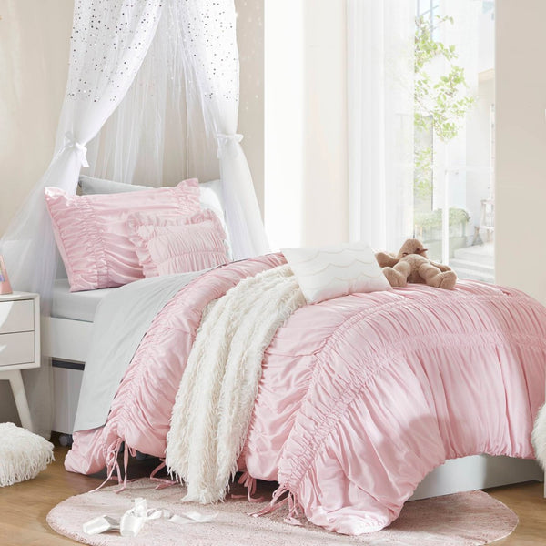 English Elm 4 Piece Ruched Microfiber Comforter Set French Country Shabby Chic Bow Tie Bedding Pink B035P529053