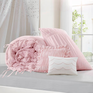 English Elm 4 Piece Ruched Microfiber Comforter Set French Country Shabby Chic Bow Tie Bedding Pink B035P529053