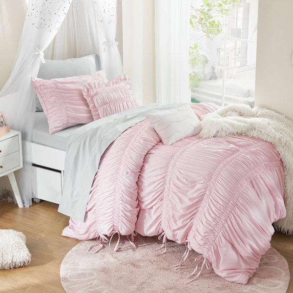 English Elm 4 Piece Ruched Microfiber Comforter Set French Country Shabby Chic Bow Tie Bedding Pink B035P529053