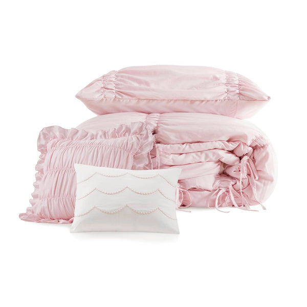 English Elm 4 Piece Ruched Microfiber Comforter Set French Country Shabby Chic Bow Tie Bedding Pink B035P529053