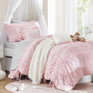 English Elm 4 Piece Ruched Microfiber Comforter Set French Country Shabby Chic Bow Tie Bedding Pink B035P529053