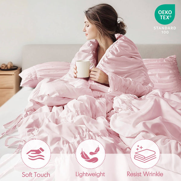 English Elm 4 Piece Ruched Microfiber Comforter Set French Country Shabby Chic Bow Tie Bedding Pink B035P529053