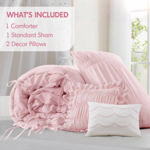 English Elm 4 Piece Ruched Microfiber Comforter Set French Country Shabby Chic Bow Tie Bedding Pink B035P529053