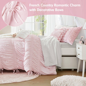 English Elm 4 Piece Ruched Microfiber Comforter Set French Country Shabby Chic Bow Tie Bedding Pink B035P529053