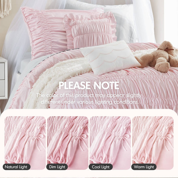 English Elm 4 Piece Ruched Microfiber Comforter Set French Country Shabby Chic Bow Tie Bedding Pink B035P529053