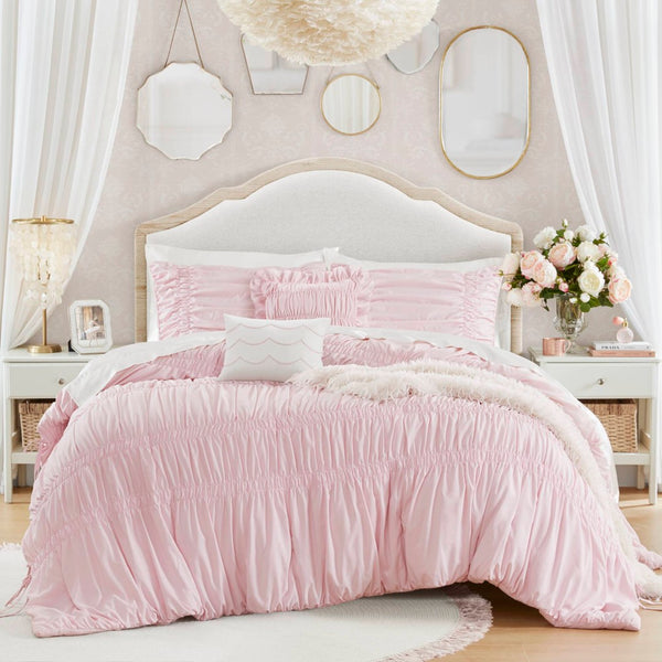 English Elm 5 Piece Shabby Chic Ruched Microfiber Comforter Set French Country Bedroom Softness Pink B035P529054