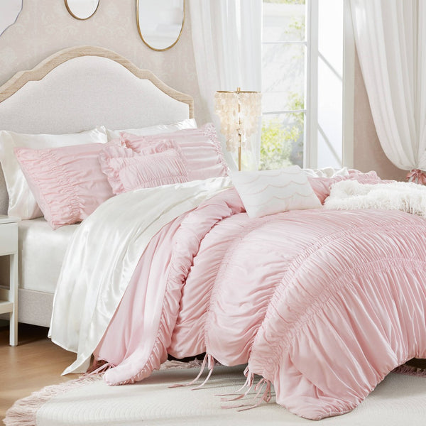 English Elm 5 Piece Shabby Chic Ruched Microfiber Comforter Set French Country Bedroom Softness Pink B035P529054