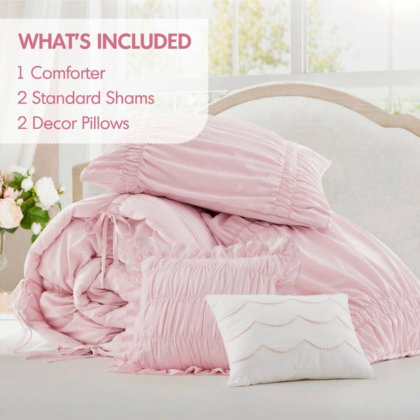 English Elm 5 Piece Shabby Chic Ruched Microfiber Comforter Set French Country Bedroom Softness Pink B035P529054