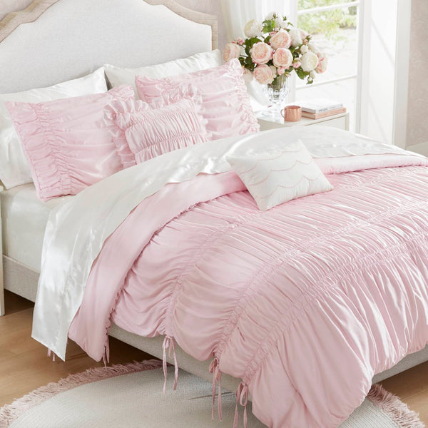 English Elm 5 Piece Shabby Chic Ruched Microfiber Comforter Set French Country Bedroom Softness Pink B035P529054