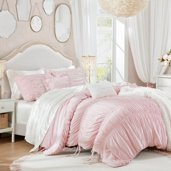 English Elm 5 Piece Shabby Chic Ruched Microfiber Comforter Set French Country Bedroom Softness Pink B035P529054