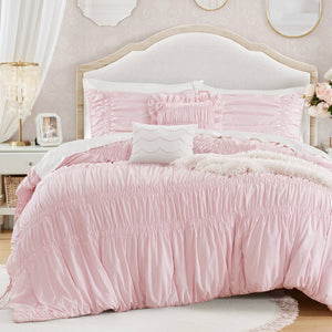 English Elm 5 Piece Shabby Chic Ruched Microfiber Comforter Set French Country Bedroom Softness Pink B035P529054