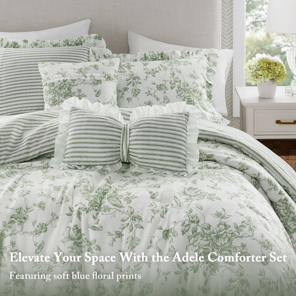 English Elm 5 Piece Reversible Sage Floral Microfiber Comforter Set with Ruffle Trim Pillows B035P529060