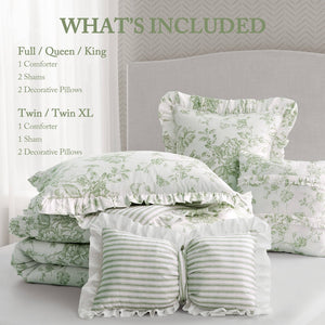 English Elm 5 Piece Reversible Sage Floral Microfiber Comforter Set with Ruffle Trim Pillows B035P529060