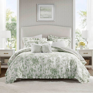English Elm 5 Piece King Comforter Set Sage Floral Reversible Microfiber Shabby Chic Bedding B035P529061