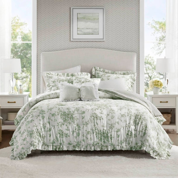 English Elm 5 Piece King Comforter Set Sage Floral Reversible Microfiber Shabby Chic Bedding B035P529061