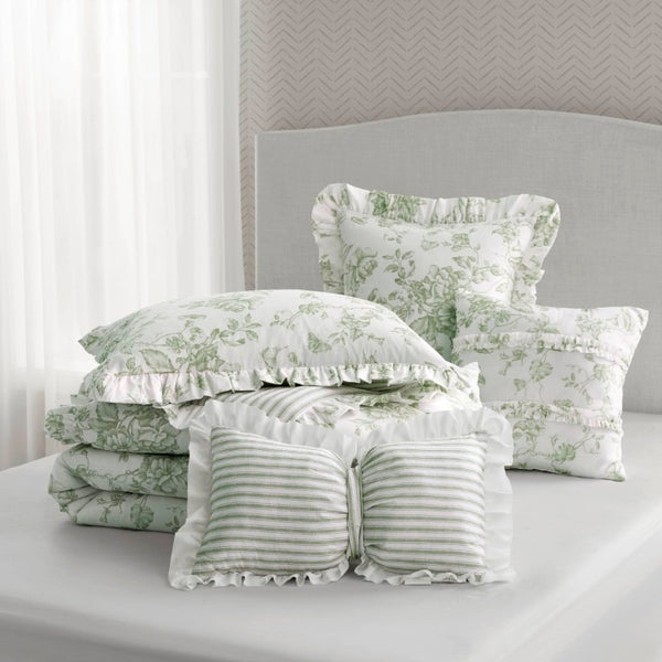 English Elm 5 Piece King Comforter Set Sage Floral Reversible Microfiber Shabby Chic Bedding B035P529061