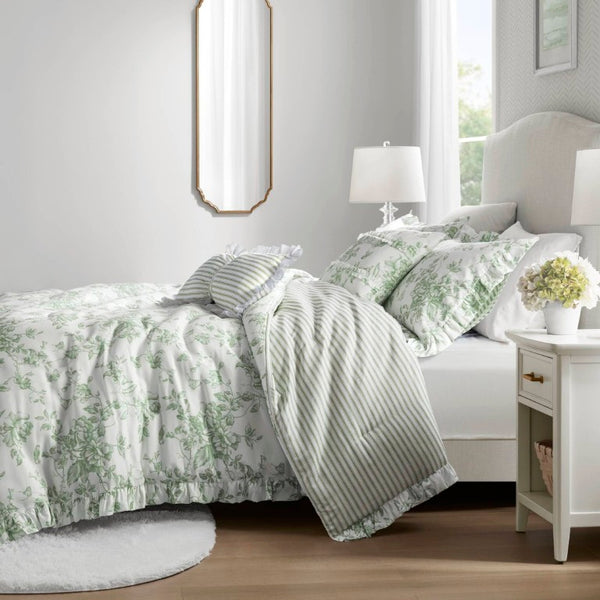 English Elm 5 Piece King Comforter Set Sage Floral Reversible Microfiber Shabby Chic Bedding B035P529061