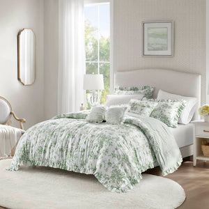 English Elm 5 Piece King Comforter Set Sage Floral Reversible Microfiber Shabby Chic Bedding B035P529061