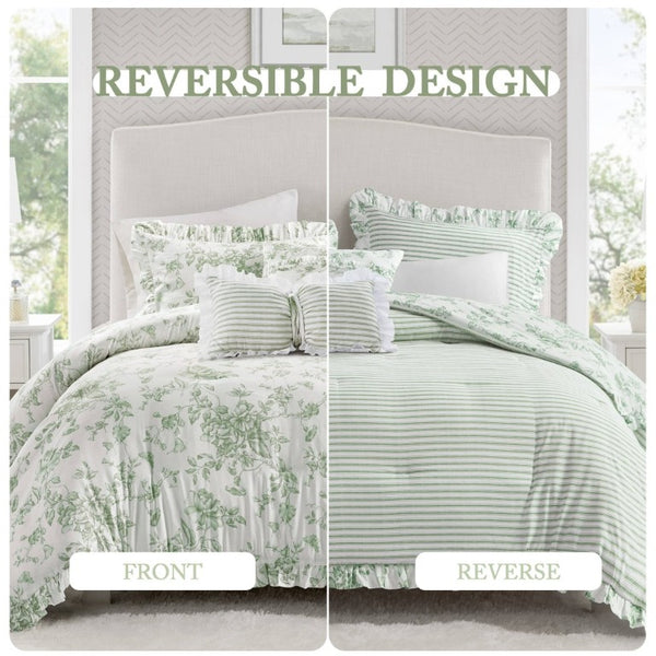 English Elm 5 Piece King Comforter Set Sage Floral Reversible Microfiber Shabby Chic Bedding B035P529061