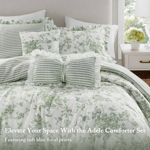 English Elm 5 Piece King Comforter Set Sage Floral Reversible Microfiber Shabby Chic Bedding B035P529061