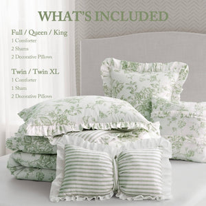 English Elm 5 Piece King Comforter Set Sage Floral Reversible Microfiber Shabby Chic Bedding B035P529061