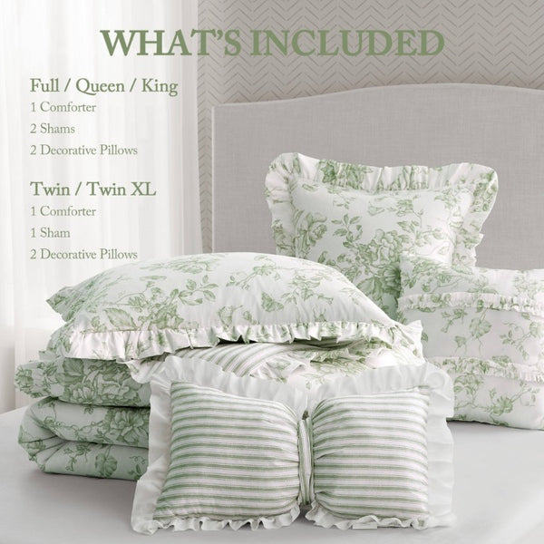 English Elm 5 Piece King Comforter Set Sage Floral Reversible Microfiber Shabby Chic Bedding B035P529061
