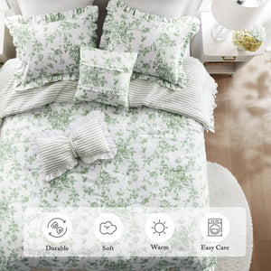English Elm 5 Piece King Comforter Set Sage Floral Reversible Microfiber Shabby Chic Bedding B035P529061