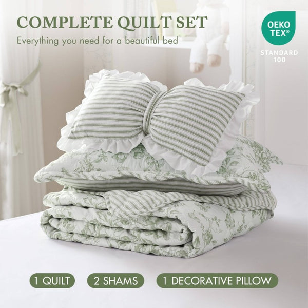 English Elm 4 Piece King Quilt Set Vintage Floral Scalloped Edge Microfiber Bedroom Bedding Green B035P529064