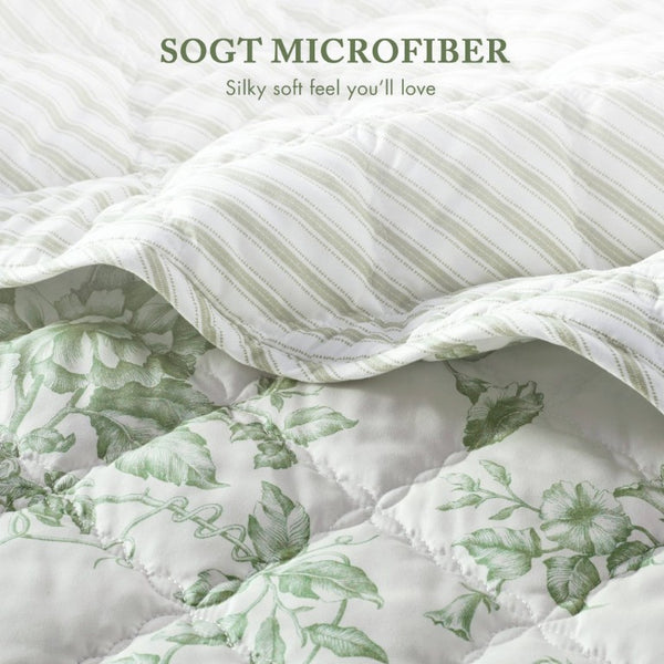 English Elm 4 Piece King Quilt Set Vintage Floral Scalloped Edge Microfiber Bedroom Bedding Green B035P529064