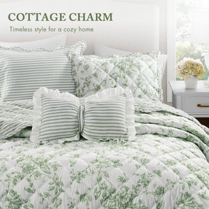 English Elm 4 Piece King Quilt Set Vintage Floral Scalloped Edge Microfiber Bedroom Bedding Green B035P529064