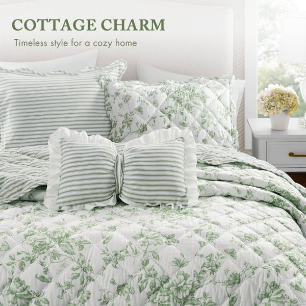 English Elm 4 Piece King Quilt Set Vintage Floral Scalloped Edge Microfiber Bedroom Bedding Green B035P529064