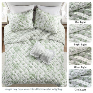 English Elm 4 Piece King Quilt Set Vintage Floral Scalloped Edge Microfiber Bedroom Bedding Green B035P529064