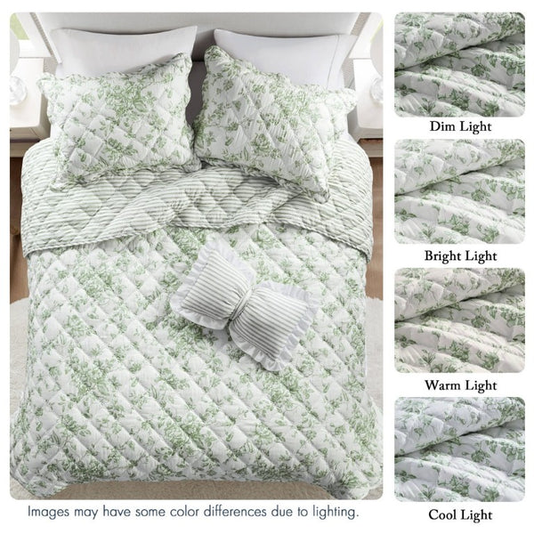 English Elm 4 Piece King Quilt Set Vintage Floral Scalloped Edge Microfiber Bedroom Bedding Green B035P529064